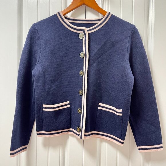 Vintage Preppy Contrast Knit Cardigan Jacket Navy Pink - M - Picture 5 of 12